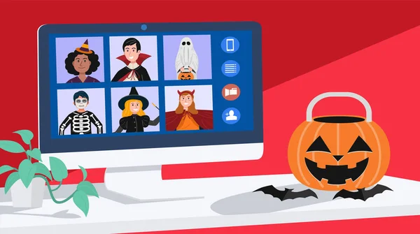 Los Niños Halloween Visten Video Reuniones Casa Vector — Archivo Imágenes Vectoriales