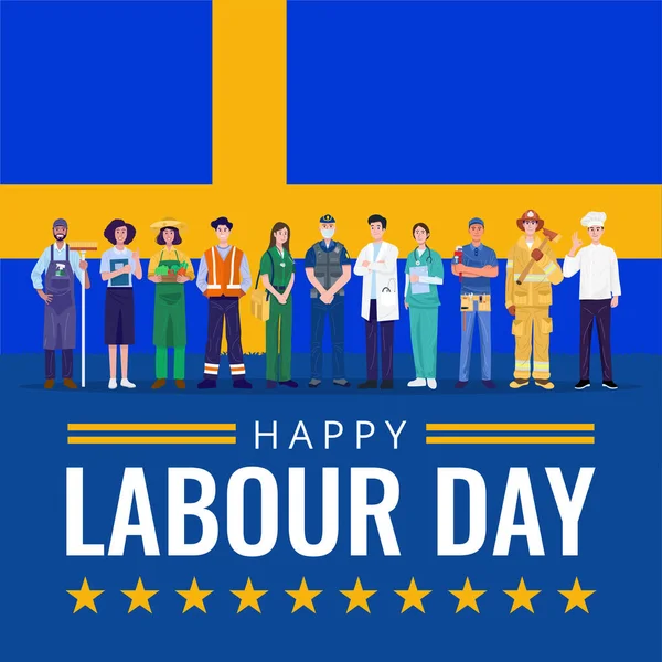 幸せな労働者の日 スウェーデンの旗を持つ様々な職業の人々 ベクトル — ストックベクタ