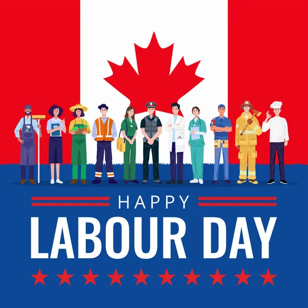 幸せな労働者の日 カナダの旗を持つ様々な職業の人々 ベクトル — ストックベクタ
