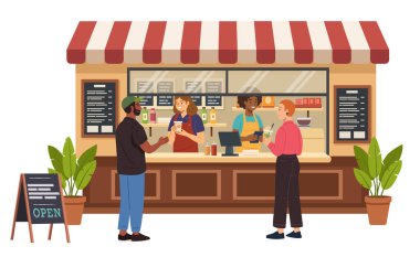 İki baristanın müşterilere servis yaptığı açık bir kafe ya da kafe..