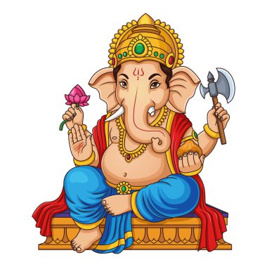 Lord Ganesha tahtta oturuyor. O, bir nilüfer çiçeği, modak ve bir balta tutan, dostane bir çizgi film tarzı tasvir edilir..