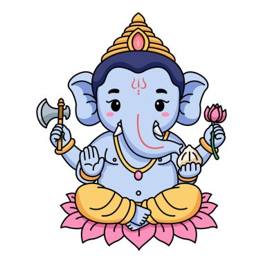 Pembe bir nilüfer çiçeğinin üzerindeki şirin Ganesha, elinde bir balta, pembe bir nilüfer çiçeği, ve dört kolunda bir modak (tatlı ikram).