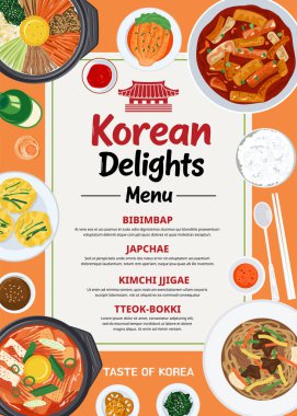 Kore menüsü posteri. Bibimbap, japchae, kimchi jjigae ve tteokbokki gibi Kore yemekleri.. 