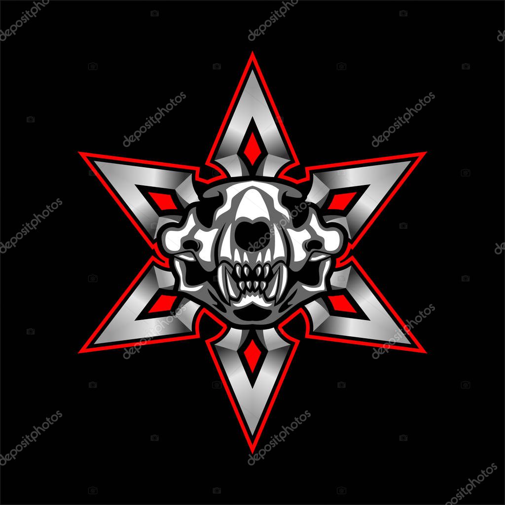 Vector illustration of a lion head skull with Shuriken Ninja