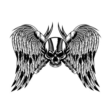 Beyzbol sopası ve siyah ve beyaz vektör çizim kanatları ile insan kafatası