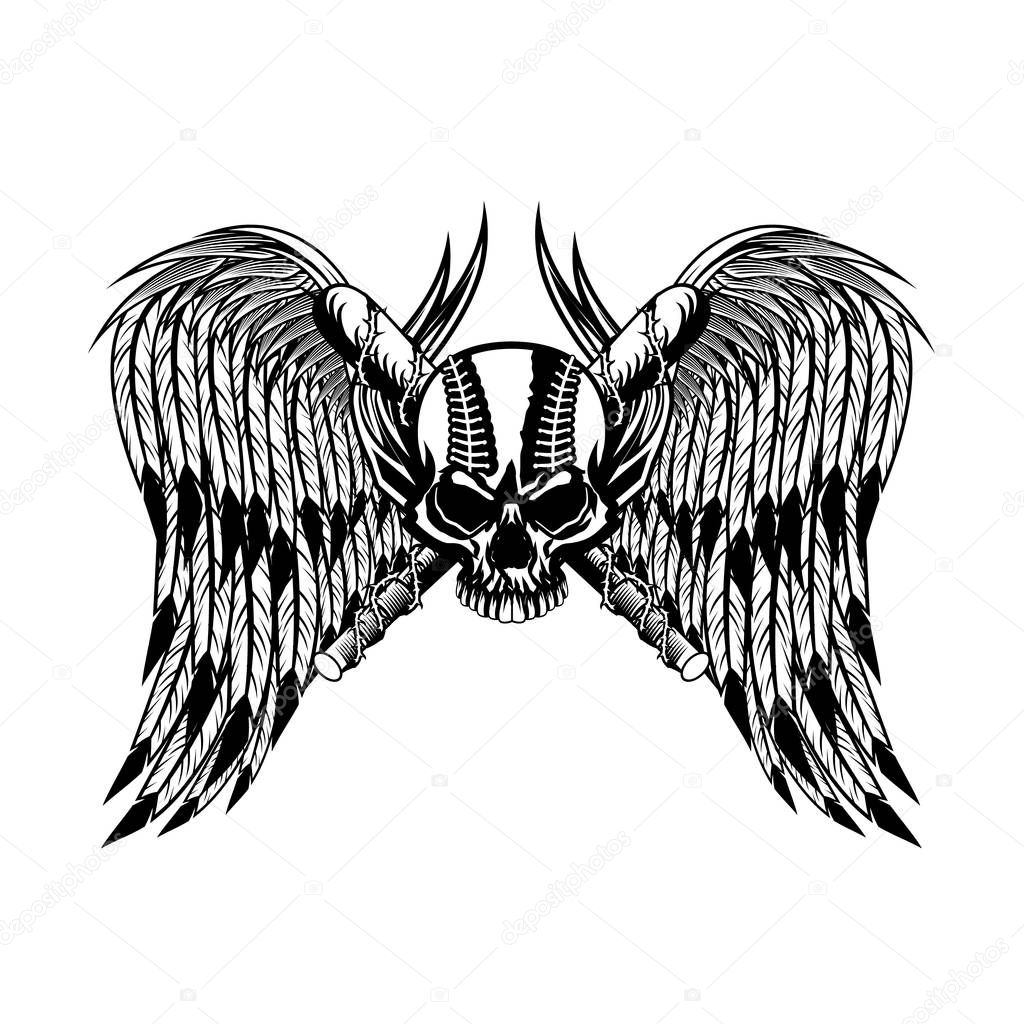 Baseball human skull with bat and wings in black and white vector illustration