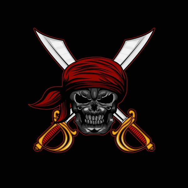 Cabeza Cráneo Pirata Con Diadema Sombrero Ilustración Vector Espada Cruzada — Vector de stock