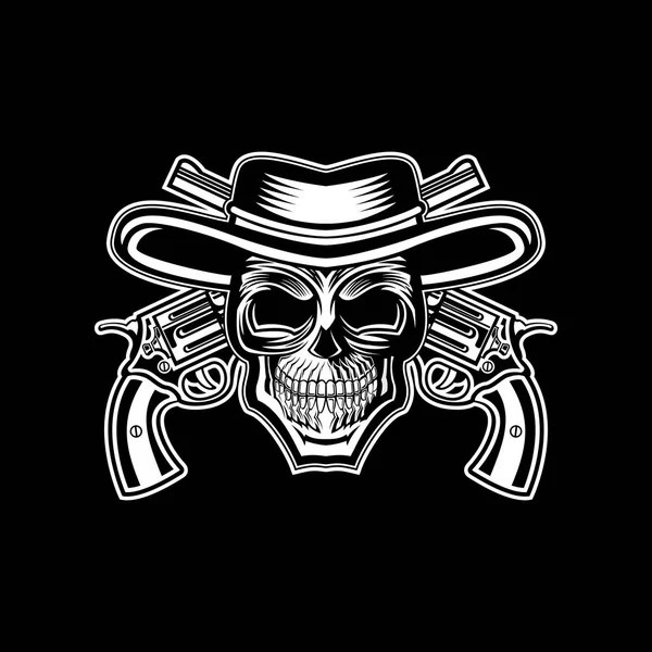 Cráneo Vaquero Cabeza Sombrero Con Cruz Pistola Vector Ilustración — Vector de stock