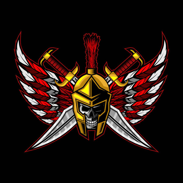 skull Greek Helmet and cross Sword with wings background vector illustration