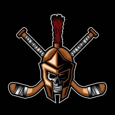 Bir hokey kret Spartalı kafatası ile vektör çizim hokey sopaları boş başlık eklemek ve kaydırma tasarım öğeleri güzelleşmek