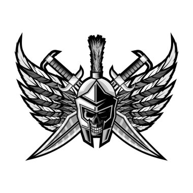 Spartalı kafatası Yunan kask ve kanatları siyah ve beyaz ile çapraz kılıç illüstrasyon vektör