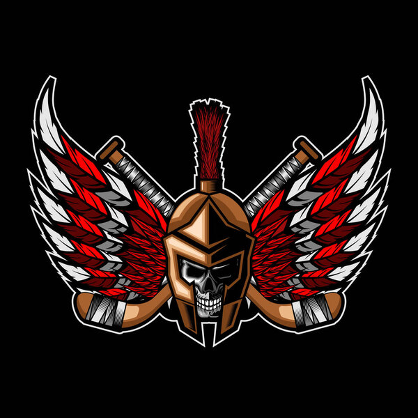 Vector illustration of a hockey crest with spartan skull insert hockey sticks wings blank design