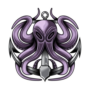 Beyaz arka plan üzerinde ahtapot ve çapa vektör çizim sanat