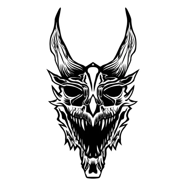 Dragón Cráneo Enojado Negro Blanco Vector Ilustración — Vector de stock