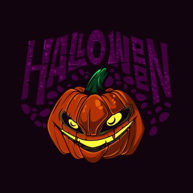 Cadılar Bayramı Balkabağı ve metin vektör çizim koyu arka plan üzerinde