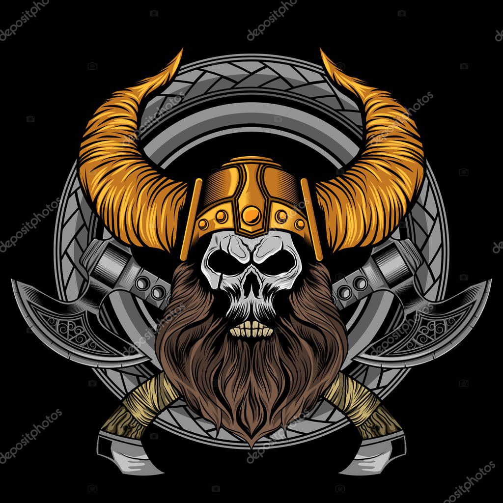 Viking beard skull axe vector illustration art in circle ornament