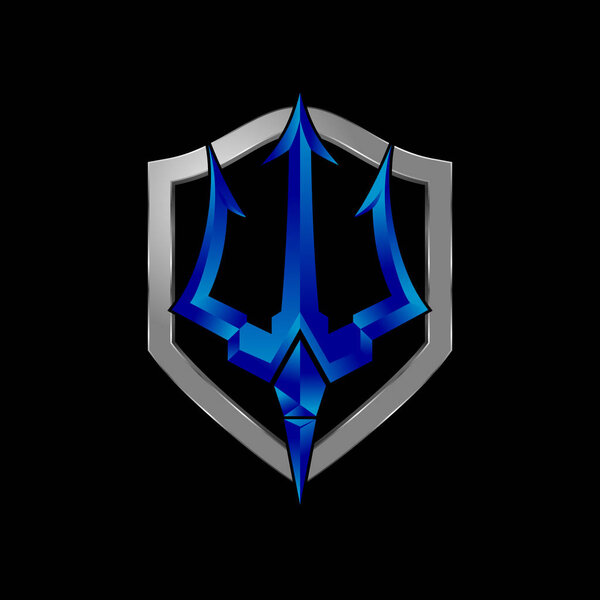 Trident shield logo design metallic