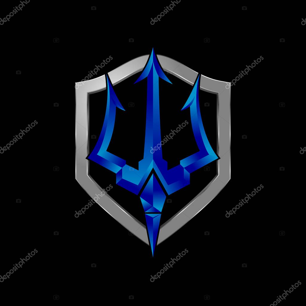 Trident shield logo design metallic