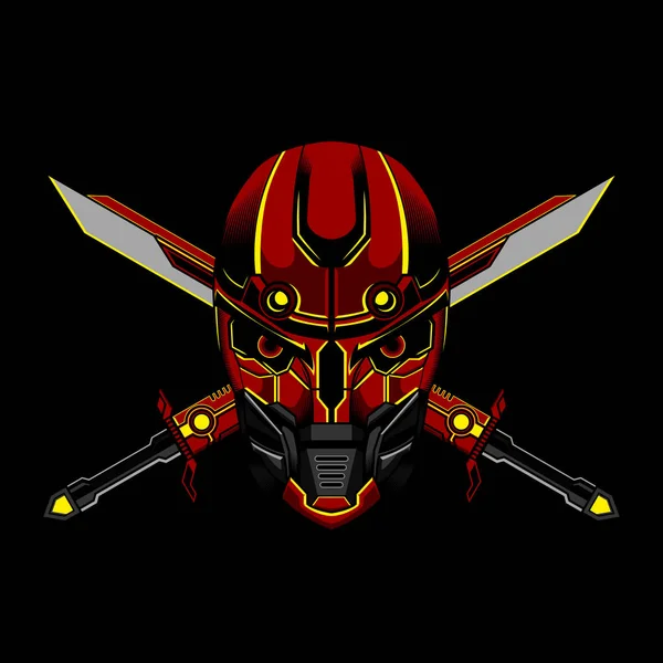 Skull Robotic Helm Cross Sword Vector Illustration - Stok Vektor