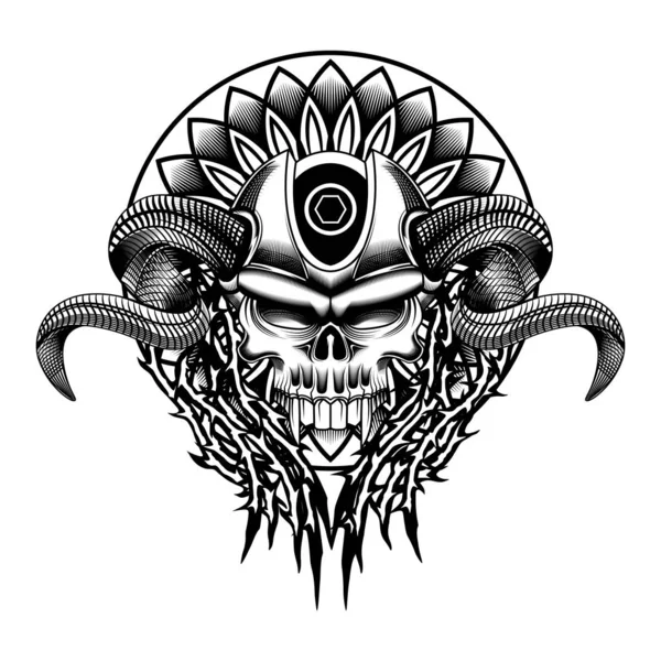 Crânio Diabo Círculo Mal Ornamento Com Mandala Fundo Preto Branco — Vetor de Stock