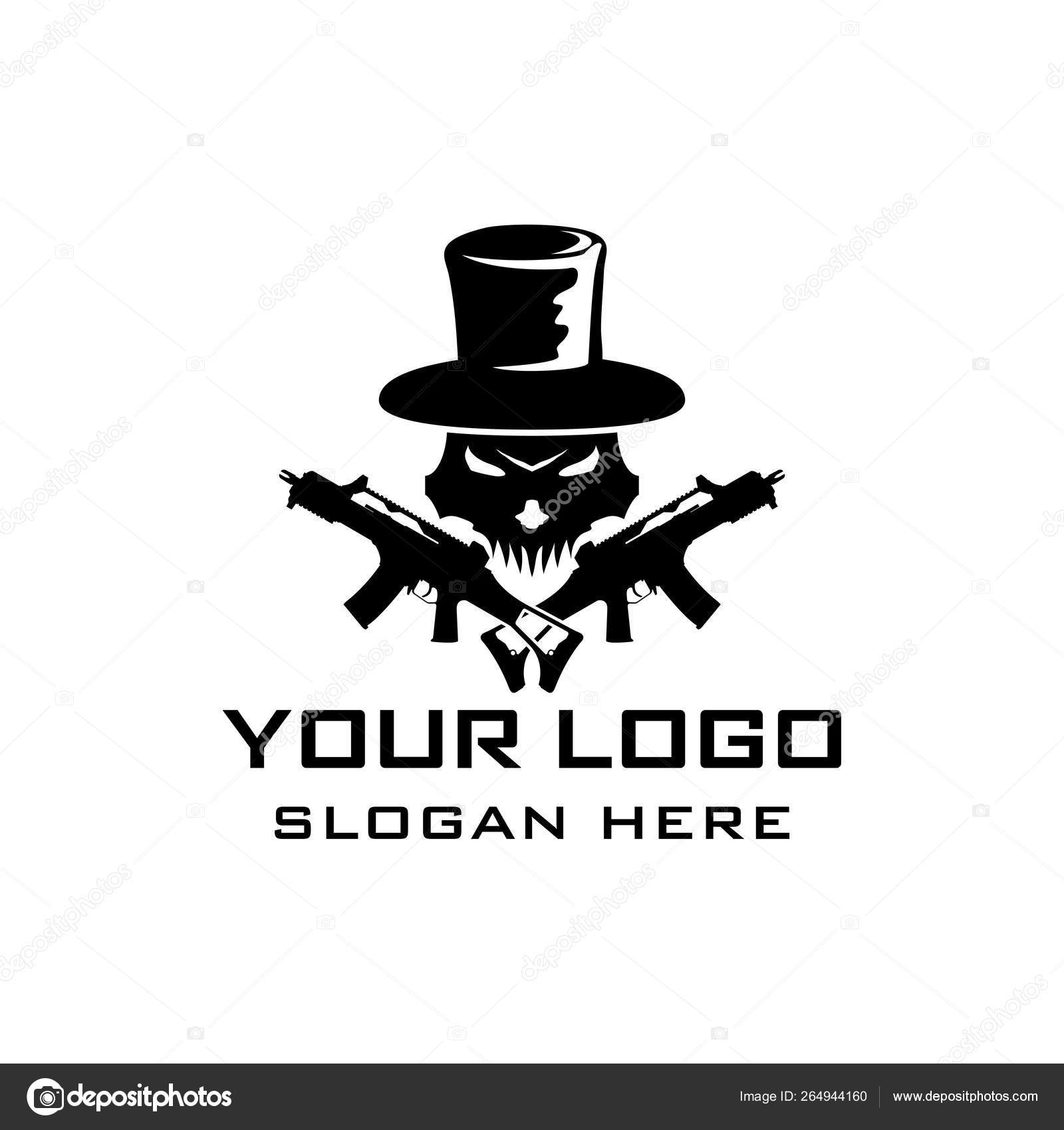 魔鬼骷髅图标与交叉枪矢量标志设计模板的军事军械库游戏和其他图库矢量图©Eko07 264944160, image size:1600x1700