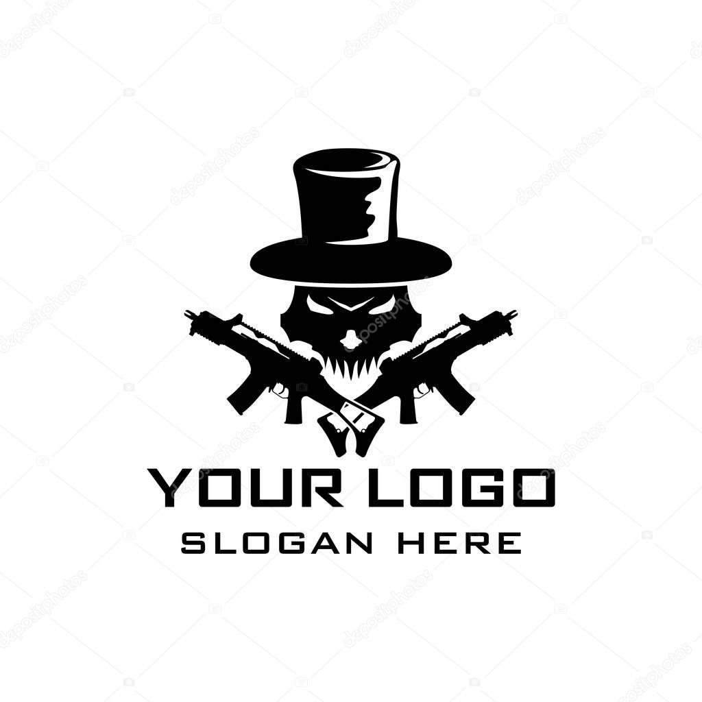Devil Skull Icon with cross gun vector logo design template for military, armory, weapon, tactical, gaming and other