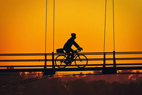 Silhouette Bicycle Cable Bridge Thailand — Stock Photo, Image