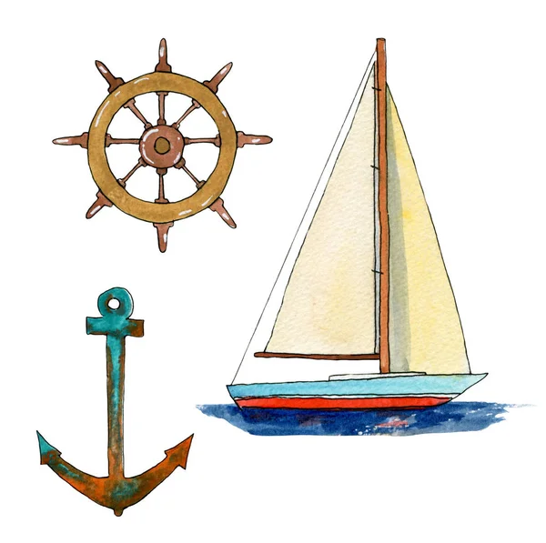 Set of travel  elements with yacht, anchor, steering wheel.