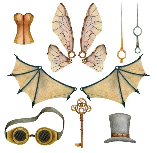Set of steampunk elements with air balloons, wings, keys, glasses, corset, hour hand, hat.