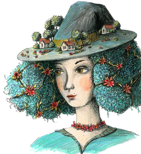 Witch fairy with hat, houses and flowers.