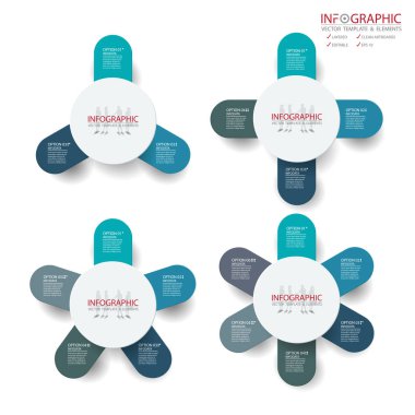 Vektör soyut öğe infographics kümesi 3,4,5,6 seçeneği. İş, finans şablon düzeni, iş akışı, zaman çizelgesi, bilgi, tanıtım ve diğer için tasarım. Soyut 3B vektör.