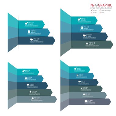 Vektör soyut öğe infographics kümesi 3,4,5,6 seçeneği. İş, finans şablon düzeni, iş akışı, zaman çizelgesi, bilgi, tanıtım ve diğer için tasarım. Soyut 3B vektör.