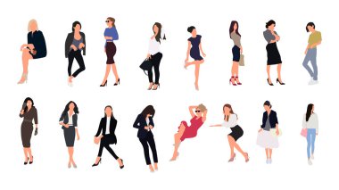 Açık hava etkinlikleri - yürüme, oturma, stand yapmak insanlar topluluğu. Beyaz arka plan üzerinde izole kadın düz çizgi film karakterleri grubudur. Vektör çizim paket insan ayarla.