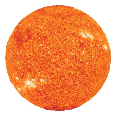 Beyaz arka planda izole edilmiş parlak ve sıcak turuncu güneş