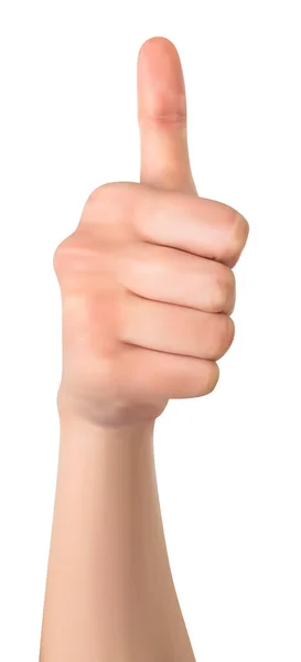 Kadın gencin eli, beyaz arka planda izole edilmiş baş parmağını gösteriyor.