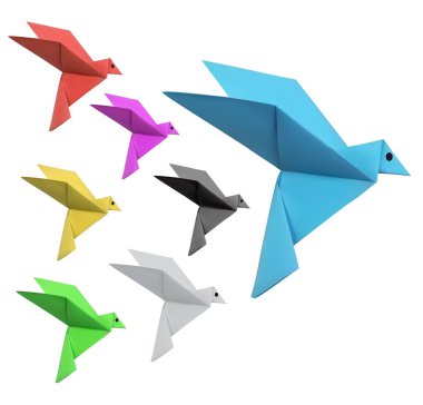 Yedi mavi origami kuşu, beyaz bir kuşun önderliğinde uçuyor.