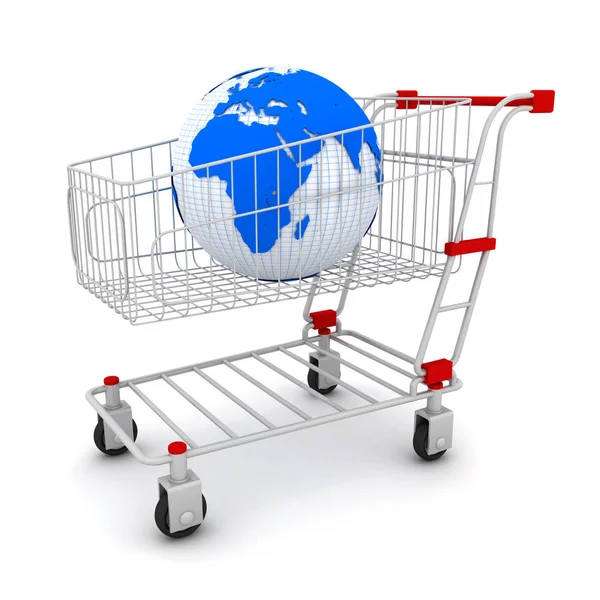 Alışveriş sepeti içinde dünya küre. 3D Görüntü Oluşturucu