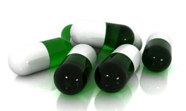 Yeşil ve beyaz bir kabuk ile pek çok şifalı haplar. 3D Görüntü Oluşturucu