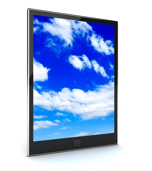 Tablet pc com céu azul no fundo branco — Fotografia de Stock