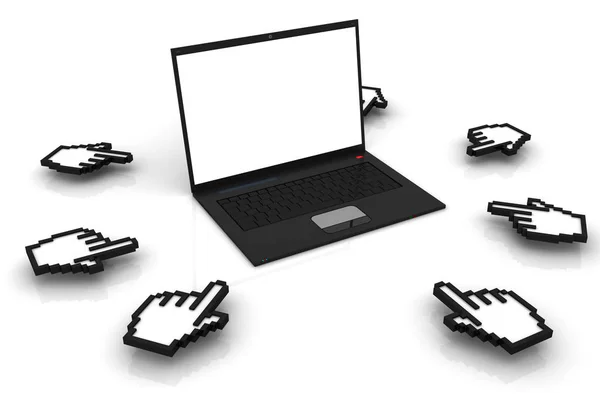 Computer cursor points to the monitor of the laptop — Stock Photo, Image