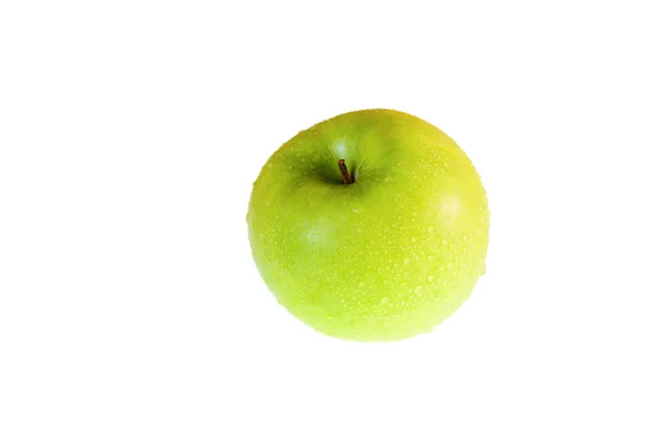Frischer Grüner Apfel Mit Wassertropfen Isoliert Auf Weiß — Stockfoto