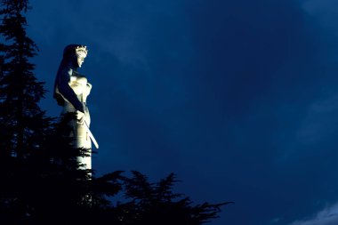 Mavi gece gökyüzünün arka planına karşı Tiflis'te büyük bir heykel anne Georgia fotoğrafı