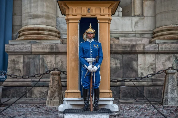 Stockholm Sweden August 2019 Sweden Royal Guard Blue Uniform Protecting — Stock Photo, Image