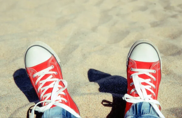 Two Legs Red Gym Shoes White Laces Background Light Beach — Stock Photo, Image