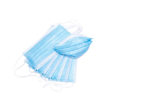 Blue and white protection respirator mask isolated on white background. Protect covid