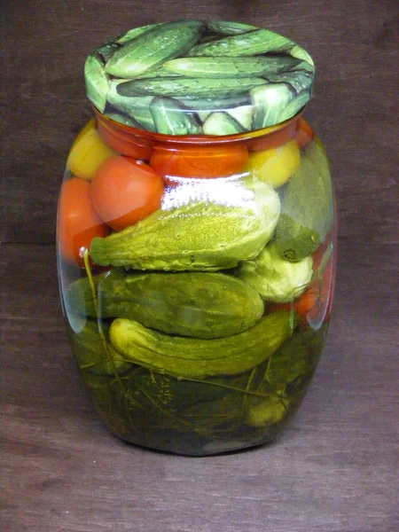 Cucumber Tomato Conserve Traditional Organic Seaming Jar — Stock Photo, Image