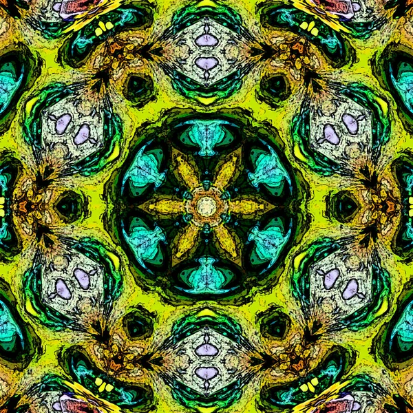 neon color mandala, psychedelic design of turquoise arabesque