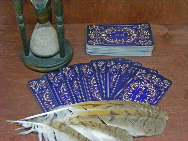 Tarjetas Del Tarot Con Plumas Búho Salvaje Reloj Arena — Foto de Stock