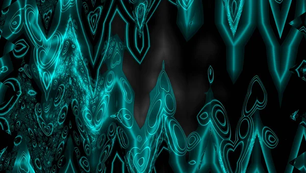 暗い背景で抽象的なスタイルでティール フラクタル ネオン光彩 抽象的な力ガーランド フラクタル背景 — ストック写真