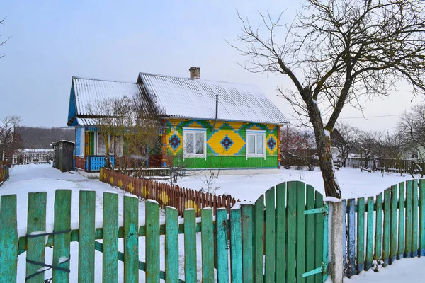 Invierno Nieve Pueblo Panorama Exterior Del Hogar Vintage Pueblo Ruso — Foto de Stock